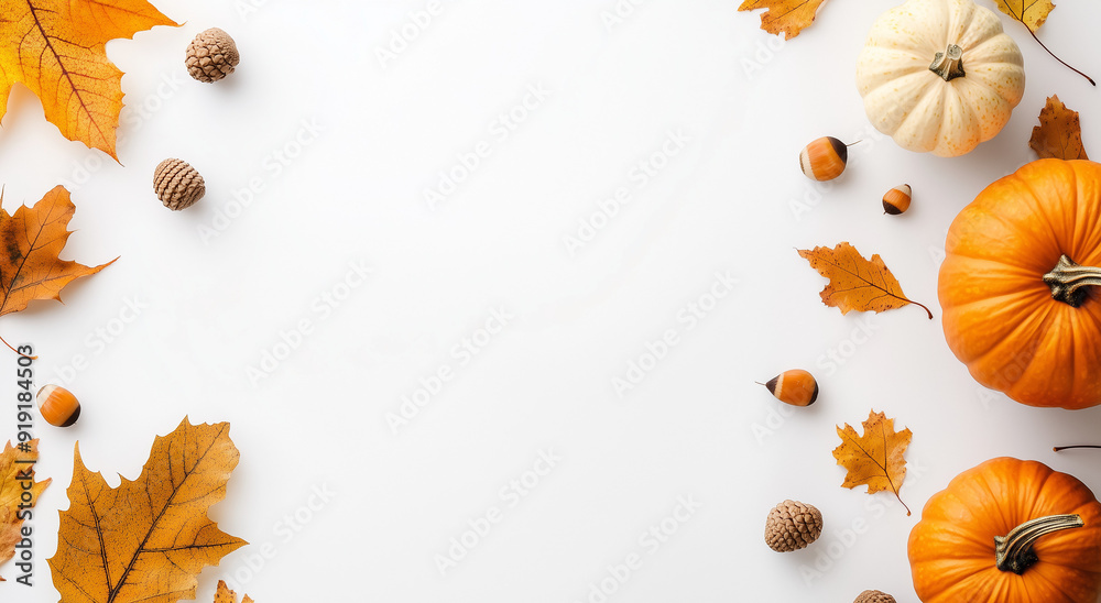 Fototapeta premium Simple Autumn Pumpkin and Acorns with Leaves on White Background, Fall Decoration with Copy Space