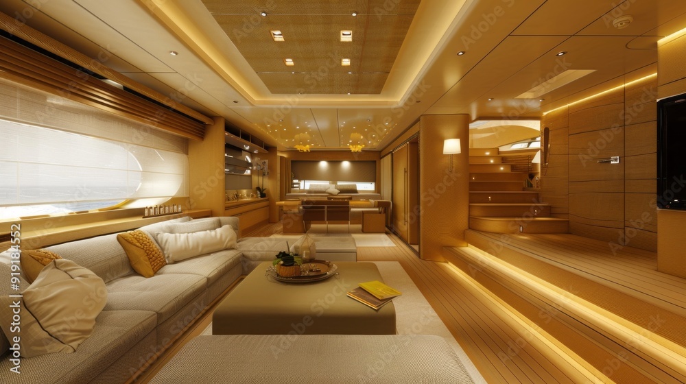 A large, luxurious living room with a couch, coffee table, and a bookcase A large, luxurious living room with a couch, coffee table, and a bookcase