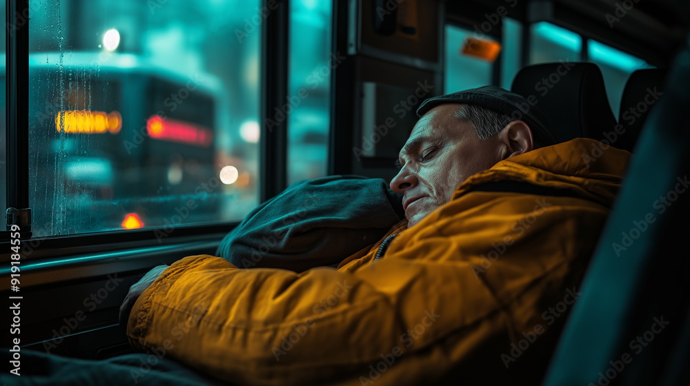 Tired bus driver napping in vehicle cabin, moment of rest during break, dealing with exhaustion in transportation setting
Tired bus driver napping in vehicle cabin, moment of rest during break, dealing with exhaustion in transportation setting