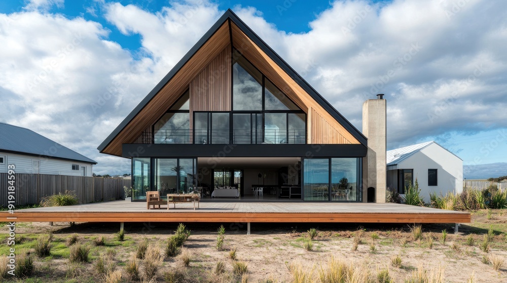 A modern A-frame house with large windows,showcasing contemporary architecture blending with the environment.AI generated for Ads A modern A-frame house with large windows,showcasing contemporary architecture blending with the environment.AI generated for Ads