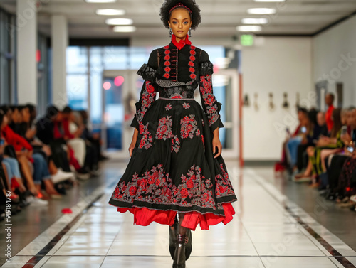 A woman in a red and black dress walks down a runway. The dress is embroidered with flowers and has a red belt. The woman is the center of attention as she walks down the runway