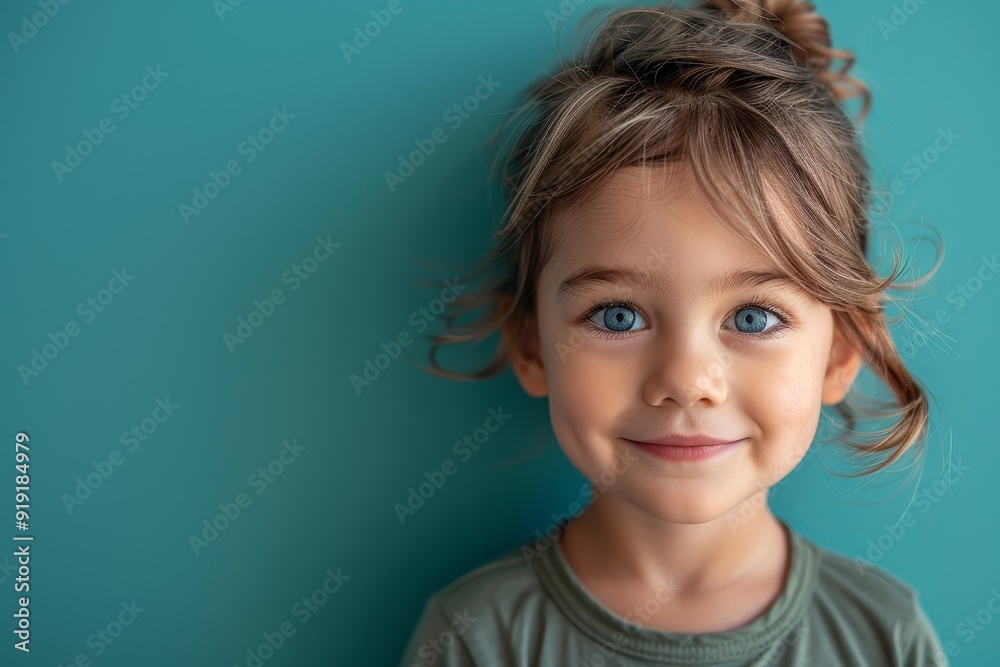 portrait of happy caucasian little girl in green shirt on blue background portrait of happy caucasian little girl in green shirt on blue background