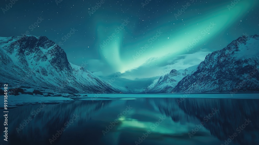 Stunning northern lights reflecting on a calm fjord surrounded by snowy mountains Stunning northern lights reflecting on a calm fjord surrounded by snowy mountains