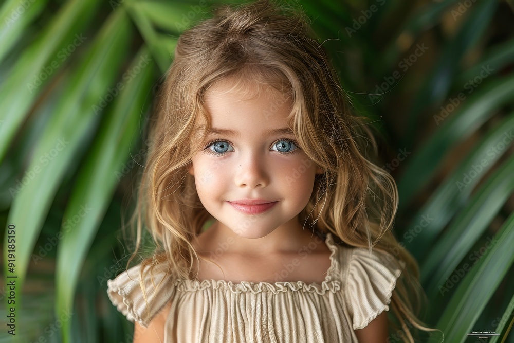 portrait of happy caucasian little girl in beige dress on green palm leaves background portrait of happy caucasian little girl in beige dress on green palm leaves background