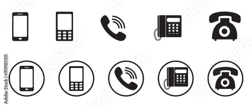 Phone icon set, vector, silhouette. Telephone icon, vector set. Contact us, symbol, sign, logo vector. Cell phone pictogram communication icon. Vector illustration of mobile, smartphone, land phone.