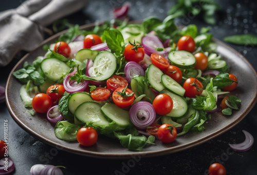 Fresh salad with cherry tomatoes sliced cucumbers basil and onions on dark background