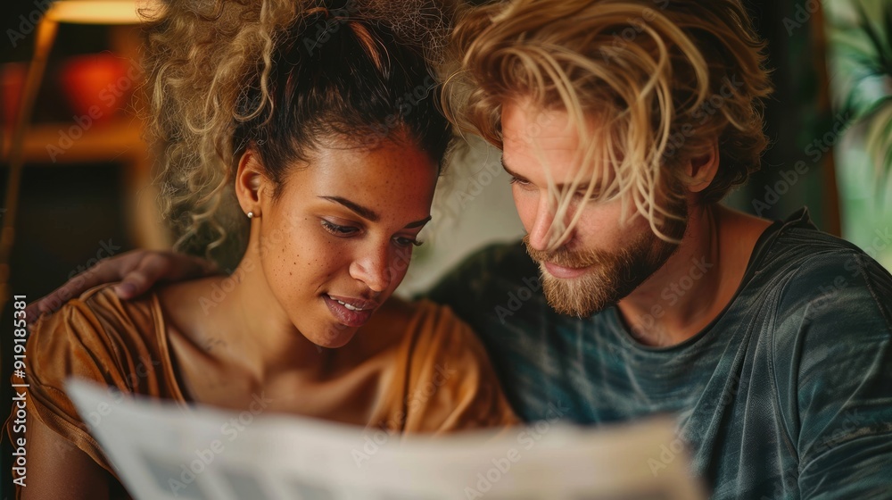 A couple sitting close, reading a newspaper together in a cozy home setting, showing intimacy and engagement. A couple sitting close, reading a newspaper together in a cozy home setting, showing intimacy and engagement.
