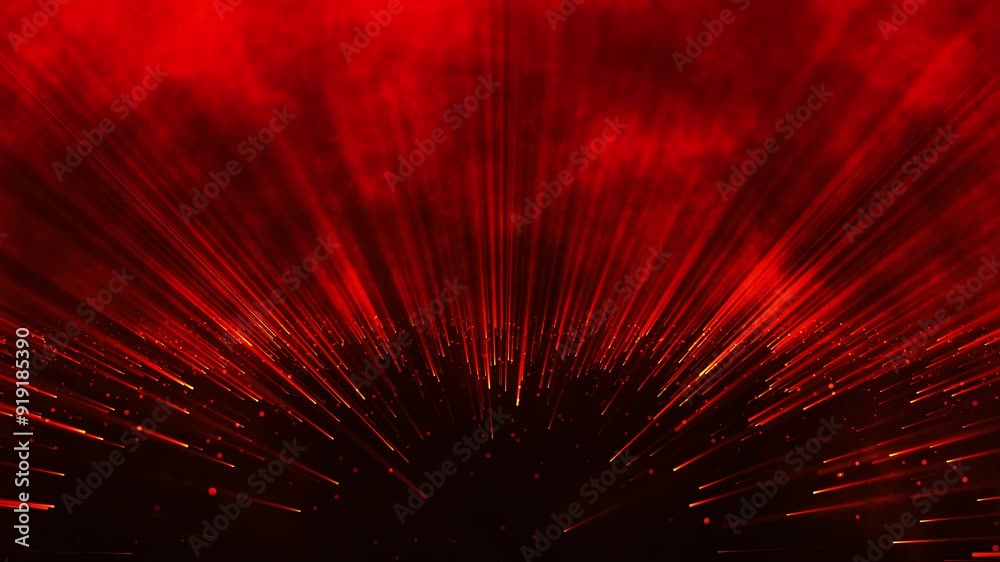 Abstract red orange led background with rays and motion dots. Abstract background with light rays and glowing particles. Animation of geometric design element. 3D rendering. 4K animation