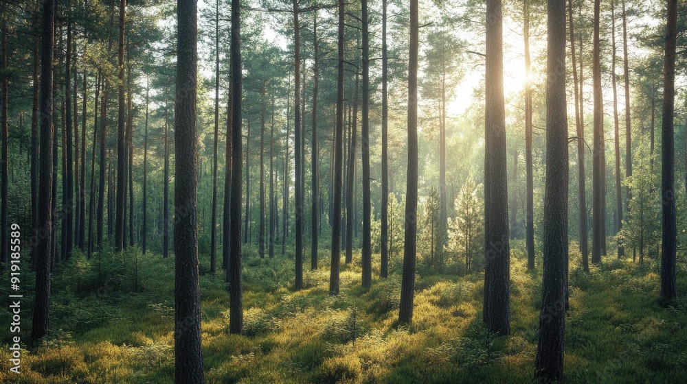 Tranquil pine forest with a variety of green shades in the foliage Tranquil pine forest with a variety of green shades in the foliage