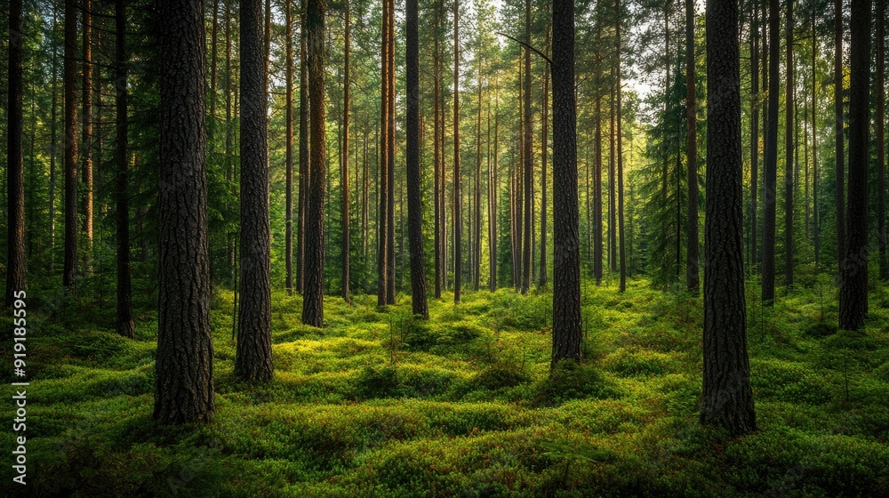 Tranquil pine forest with a variety of green shades in the foliage Tranquil pine forest with a variety of green shades in the foliage