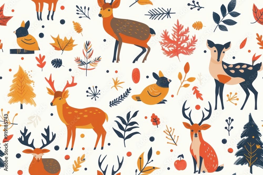 Seamless pattern of various deers and birds surrounded by leaves and trees Seamless pattern of various deers and birds surrounded by leaves and trees