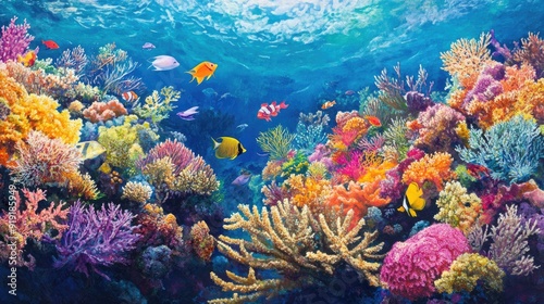 Vibrant coral reef ecosystem with a variety of colorful fish and coral species