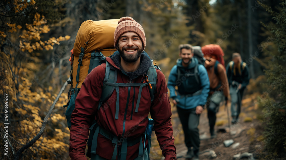 Happy backpacker and friends hiking in forest, joyful outdoor adventure, positive group experience, enjoying nature and exploring trails

