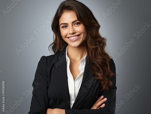 Happy young business woman posing isolated over grey wall background