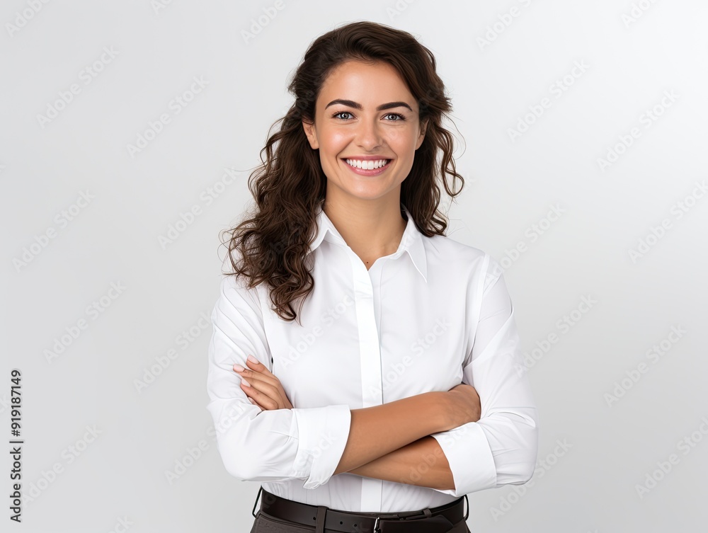 Brunette business woman smiling looking at camera isolated on white. Brunette business woman smiling looking at camera isolated on white.
