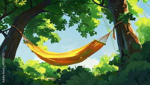 Bright Yellow Hammock Hanging Between the Trees Cartoon Environment Illustration Cozy Hammock Tree Setting Relaxing Outdoor Scene Vibrant Colors Nature Background