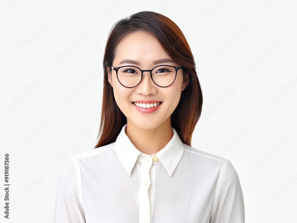 Beautiful young asian woman, company worker in glasses, smiling, standing over white background. Beautiful young asian woman, company worker in glasses, smiling, standing over white background.