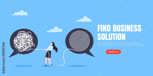 Unravel business chaos process with tangle difficult problem mess business concept flat style design vector illustration. Chaos to order, complex to simple metaphor with person trying solve mess cable