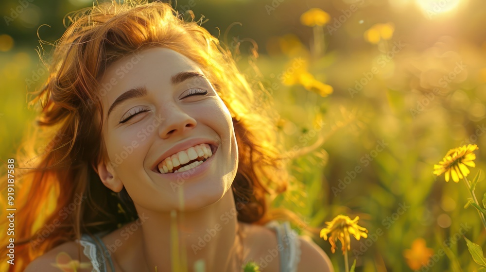 Woman with Red Hair Smiling in a Field of Flowers Woman with Red Hair Smiling in a Field of Flowers