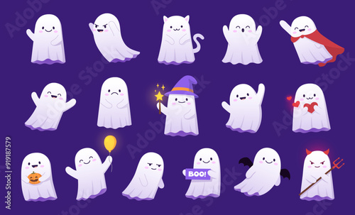 Halloween kawaii ghosts characters with trick or treat holiday pumpkin and witch hat costume. Cute cartoon Halloween ghost monsters vector personages with Dracula vampire cape, devil horns, bat wings
