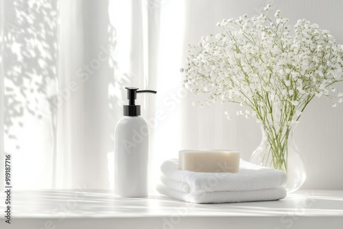 Minimalist white bathroom scene with simple ceramic shampoo, soap and towel