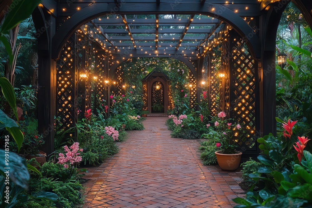 Fototapeta premium ethereal moonlit garden with dreamy philodendron vines intertwining through antique lattice arches soft pastel hues and delicate firefly lights creating a magical ambiance
