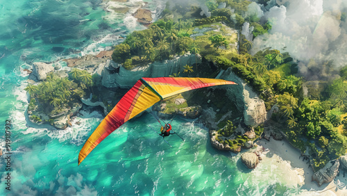 Brightly Coloured Hang Glider Flying Over a Tropical Island Watercolour Illustration Vibrant Hang Glider Aerial View Exotic Island Lush Landscape Ocean Adventure Travel Paradise