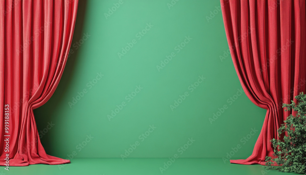 Fototapeta premium Red curtains opening on green wall background for copy space