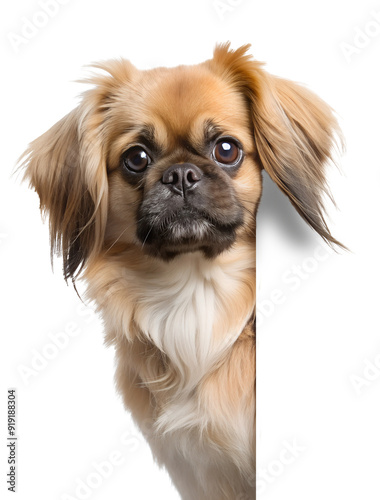 Pekingese dog peeking around corner isolated on transparent background