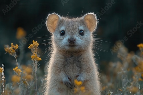 ethereal portrait of a bettong in moonlit australian bush soft focus highlights delicate fur textures capturing curious eyes and alert posture against a misty background photo