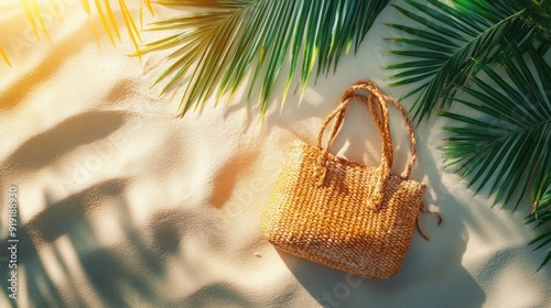 Summer Bag on Beach with Palm Leaves photo