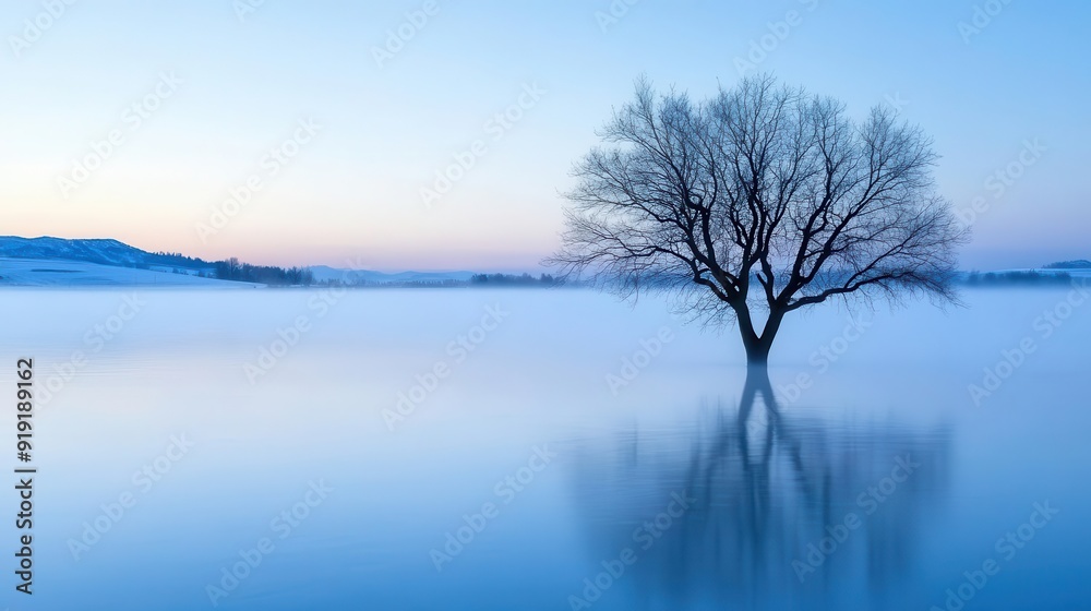 A serene landscape featuring a lonely tree in calm water, surrounded by misty blue hues during a tranquil sunrise. A serene landscape featuring a lonely tree in calm water, surrounded by misty blue hues during a tranquil sunrise.