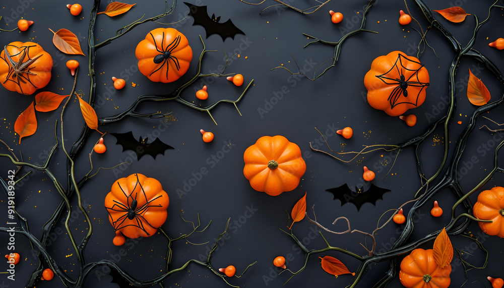 Top-down view of orange pumpkin decorations with spiders, branches with bats, and black leaves on a dark background. Perfect for Halloween-themed designs Top-down view of orange pumpkin decorations with spiders, branches with bats, and black leaves on a dark background. Perfect for Halloween-themed designs
