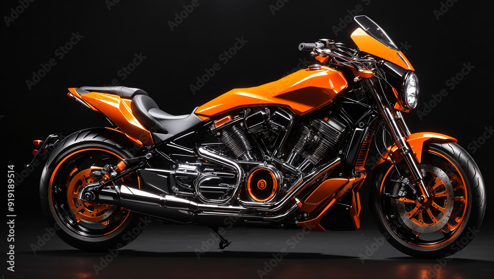 The image is of a bright orange motorcycle with black and silver accents. It is angled slightly towards the left. The background is black.
The image is of a bright orange motorcycle with black and silver accents. It is angled slightly towards the left. The background is black.