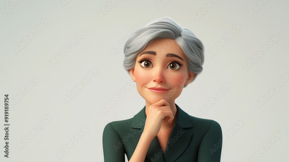 Middle-aged woman with short gray hair, wearing a forest green blazer. She has a thoughtful expression, with hand on chin, capturing the emotion of deep contemplation Middle-aged woman with short gray hair, wearing a forest green blazer. She has a thoughtful expression, with hand on chin, capturing the emotion of deep contemplation