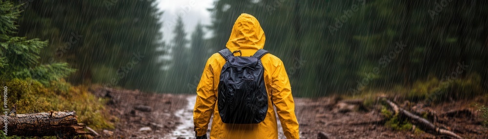 A traveler in a yellow raincoat walks through a dense forest path under a light rain, embracing nature's beauty. A traveler in a yellow raincoat walks through a dense forest path under a light rain, embracing nature's beauty.