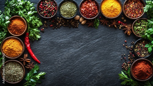 Assorted Spices and Herbs Arranged Around Black Slate Background