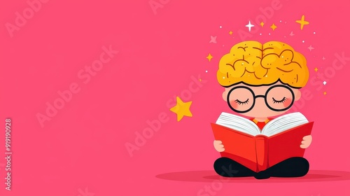 Wallpaper Mural Brain Character Nurturing Intellectual Growth Through Reading Book - Flat Design Illustration with Copy Space for Text Torontodigital.ca