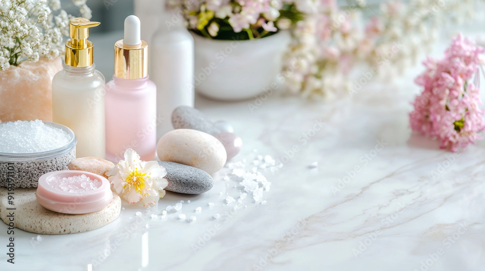 Beautiful bottles of cosmetic products, sea salt, stones, soap, and flowers are arranged on a white marble table. Beautiful bottles of cosmetic products, sea salt, stones, soap, and flowers are arranged on a white marble table.