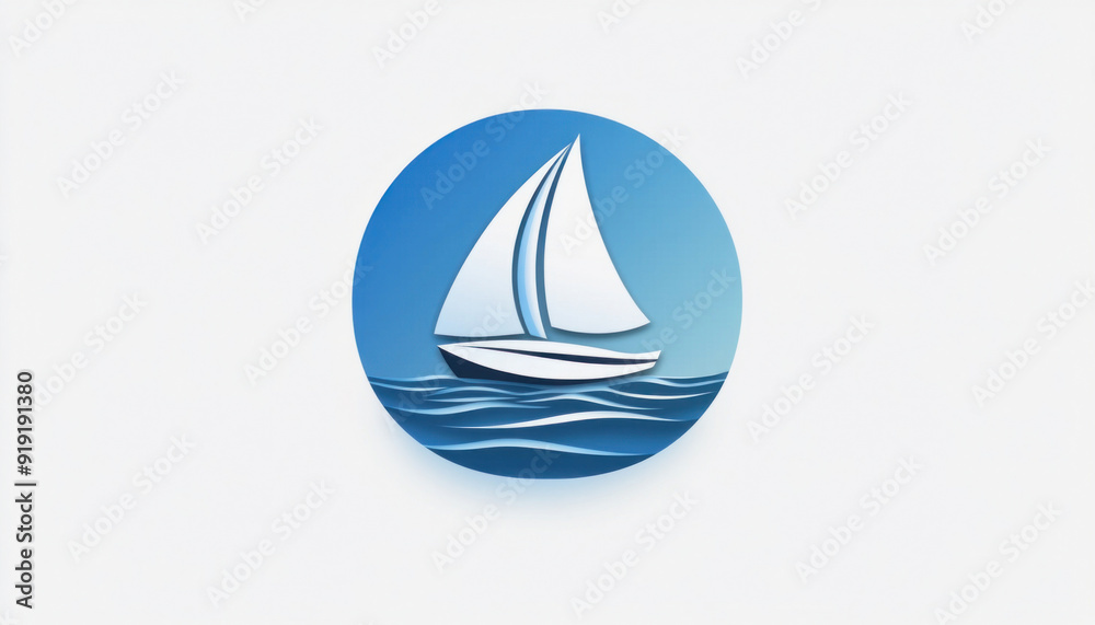 White sailboat sailing on blue water waves inside a round icon White sailboat sailing on blue water waves inside a round icon