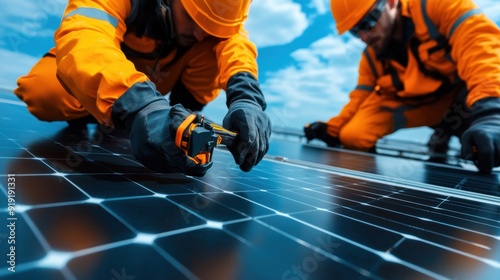 Two men in orange work clothes are working on a solar panel