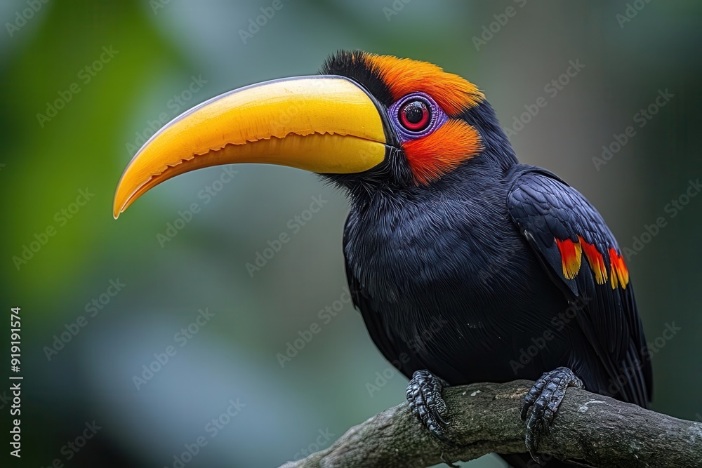 Obraz premium exotic palawan hornbill perched on a gnarled branch its vibrant beak and distinctive casque in sharp focus set against a blur of tropical foliage in soft bokeh
