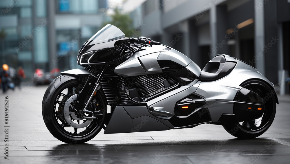 Fototapeta premium The image is of a sleek, silver motorcycle with a black seat and wheels. It is parked on a wet city street.