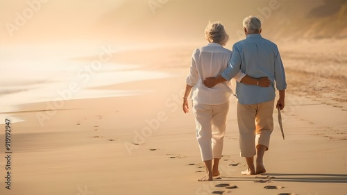 A senior couple, walking hand-in-hand, leave footprints in the soft sand beach at golden sunrise