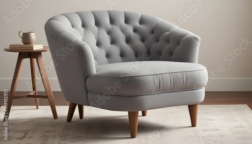 A gray tufted armchair with wooden legs in a modern  minimalist style
