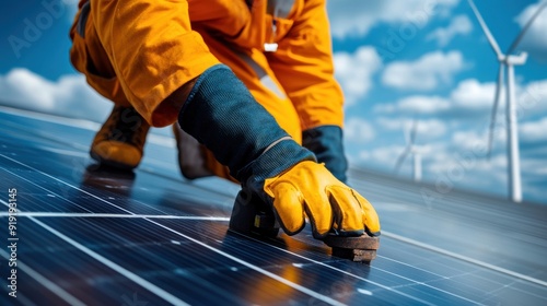 Solar panel technician, wind turbines on horizon