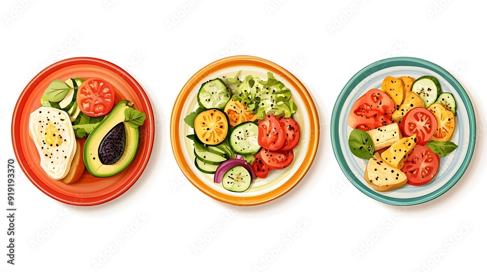 Three Plates of Fresh and Colorful Salads Three Plates of Fresh and Colorful Salads
