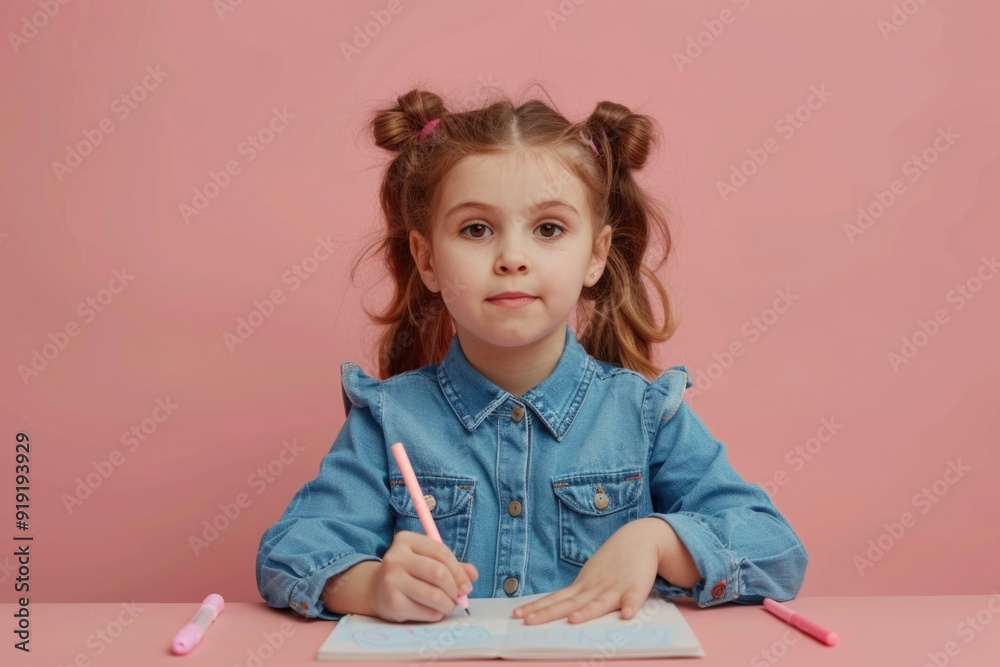 A young girl sits at a table with a pen and paper, focused on her writing A young girl sits at a table with a pen and paper, focused on her writing