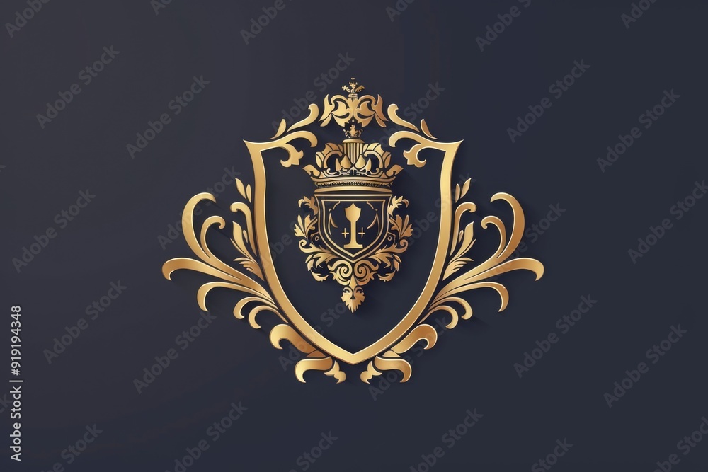 A golden shield with a crown on top, symbolizing honor and achievement A golden shield with a crown on top, symbolizing honor and achievement