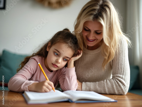 A mother, smiling warmly, helps her daughter with homework. The young girl looks tired and rests her head on her hand while writing in a notebook